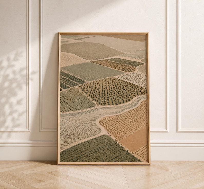 Pode incluir: Uma impress&atilde;o de arte de parede retangular vertical emoldurada apresentando uma vista a&eacute;rea de campos agr&iacute;colas em tons de bege, castanho, verde-oliva e s&aacute;lvia. A paisagem exibe v&aacute;rias texturas de culturas e caminhos de terra.