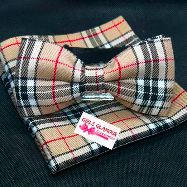 Thompson Camel Plaid Tartan Bow Tie Handkerchief Hanky Scottish Celtic Burns Night Wedding Page Boy Kilt Viking Fabric Pocket Square