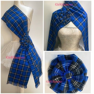 25x210cm Scottish Celtic Swan Blue Tartan Sash Rosette Burns Night Wedding Dress Kilt Page Boy Best Man Plaid Stag