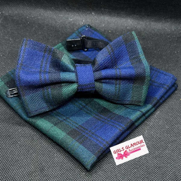 Black Watch Tartan Bow Tie Mouchoir Hanky Scottish Celtic Burns Night Wedding Page Boy Kilt Viking Fabric Pocket Square
