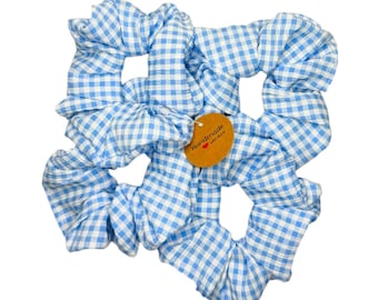 Four Light Blue Gingham Check Hair Scrunchies School Bundle Bow Bobbles Headband Fabric Accessories