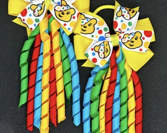 School Children in Need Royal Blue Gingham Hair Korker Bow Bobbles Coronation Headband Hairband Dress King British Flag Union Jack