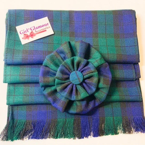 Scottish Celtic Black Watch Blue Green Tartan Plaid Sash Rosette Burns Night Wedding Dress Kilt Page Boy Best Man Plaid Stag