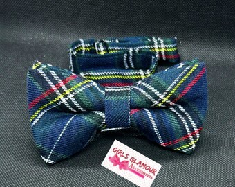 May include: A blue, green, red, and yellow plaid bow tie. The bow tie is made of a soft, woven fabric. The bow tie is tied with a knot in the center. The bow tie is a popular accessory for men and women.