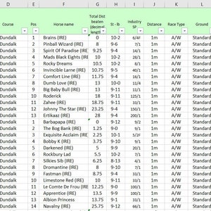 May include: A spreadsheet showing race results for a horse race. The spreadsheet includes columns for the horse's name, position, total distance beaten, starting price, industry standard price, distance, race type, ground, class, watch, course, and course conditions. The spreadsheet is green and white.