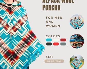 Poncho fait main en laine de baby alpaga : style bohème géométrique