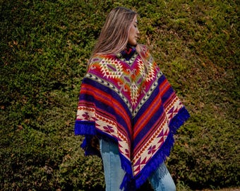 Handmade Alpaca Wool Poncho | Geometric Bohemian Style