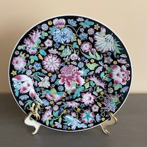 Vintage Chinese Famille Floral Noir Plate, Chinese Mille Fleur Famille Noir Black Floral Plate