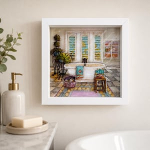 Handmade Dimensional Bathtub Art, 8x8 Shadow Box, Cozy Bathroom Decor, Vintage Bathroom Wall Decor