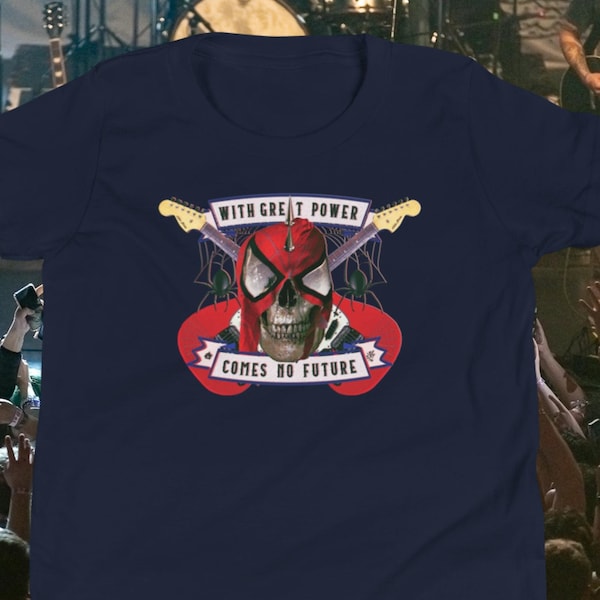 Spider-Punk Merch Table "With Great Power..." Skull & Guitars Youth Short Sleeve T-Shirt
