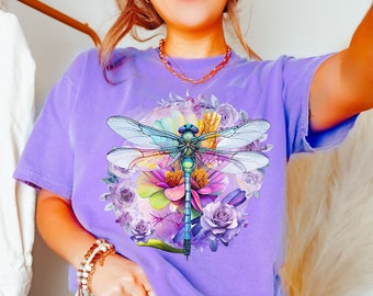 Dragonfly Shirt Watercolor Flower Floral Nature Tee Dragon Fly T Shirt Comfort Color Cottagecore Clothing Insect TShirt Dragonfly Lover Gift