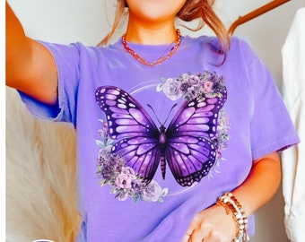 Butterfly Purple Floral Flower Shirt Butterfly Graphic Tee Butterfly Gift Women Butterfly Top Alzheimer Aware Caregiver Gift Family Support