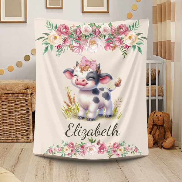 Personalized Cow Blanket Baby Floral Blanket Cow Nursery Custom Name Blanket for Baby Shower Gift for Newborn Soft Blanket Custom Baby Gift