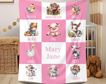 Couverture personnalisée animaux de la ferme rose, couverture personnalisée pour toute-petite fille avec nom, jeté de couverture éducatif, cadeau d'anniversaire pour enfants