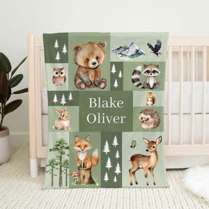 Woodland Baby Blanket Personalized Newborn Blanket Sage Green Forest Animal Nursery Custom Gift for Baby Shower Gift for Infant Toddler Kids