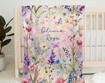 Personalized Wildflower Baby Blanket, Floral Nursery Décor, Girl Newborn Crib Bedding