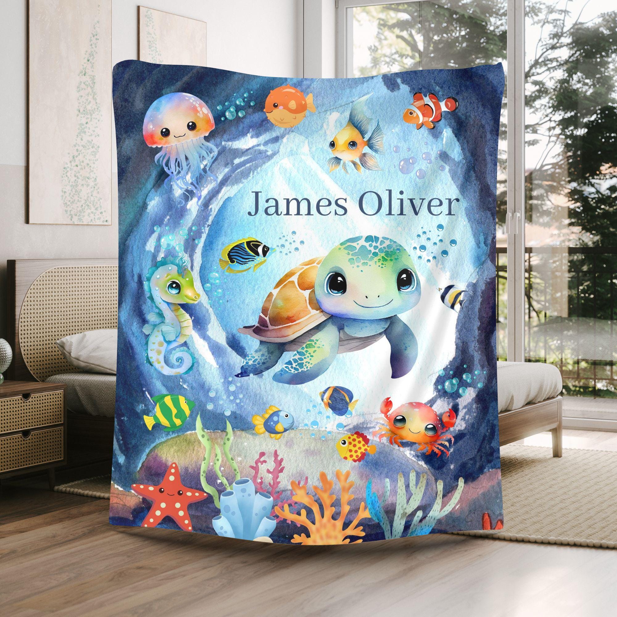 Personalized Sea Turtle Baby Blanket: Under the Sea Boy Nursery Decor ...