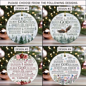 May include: Four round white ceramic ornaments featuring religious names of God and various illustrations. Design 1 shows mountains and trees. Design 2 features an eagle. Design 3 displays red roses. Design 4 includes colorful wildflowers and butterflies.