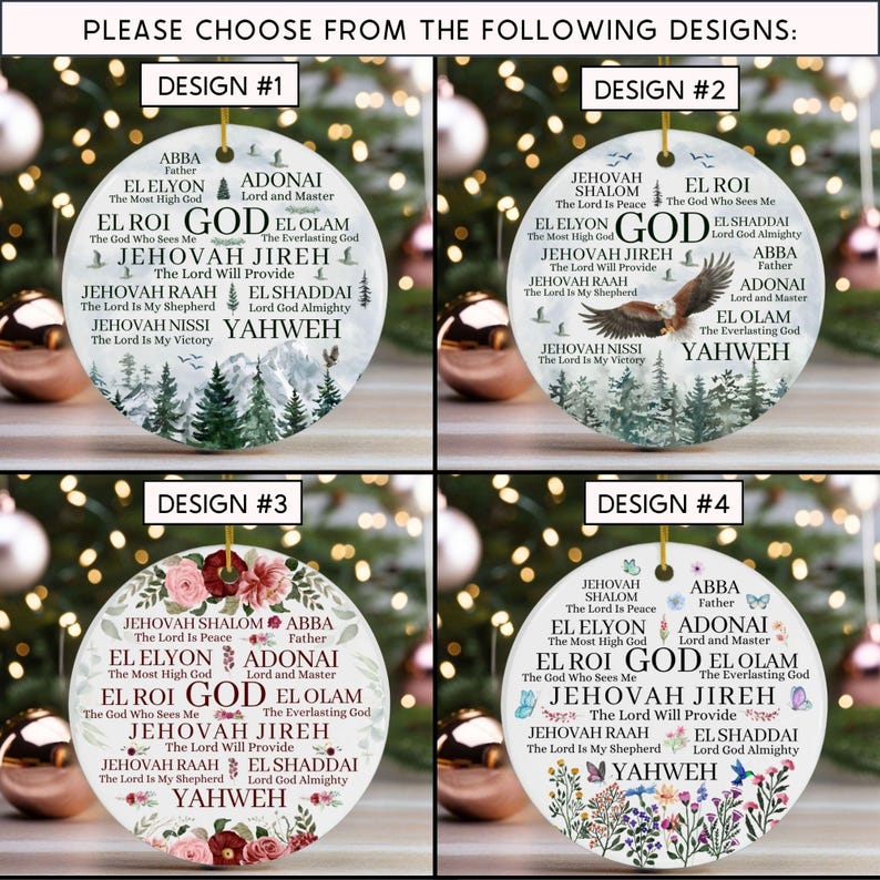 May include: Four round white ceramic ornaments featuring religious names of God and various illustrations. Design 1 shows mountains and trees. Design 2 features an eagle. Design 3 displays red roses. Design 4 includes colorful wildflowers and butterflies.