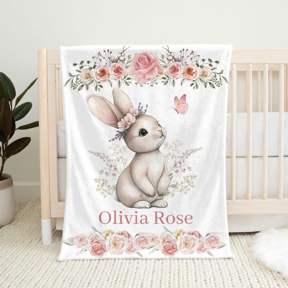 Bunny Baby Blanket Personalized Newborn Coming Home Blanket, Toddler Girl Blanket, Kids Customized Gift, Rabbit Baby Shower Gift for New Mom