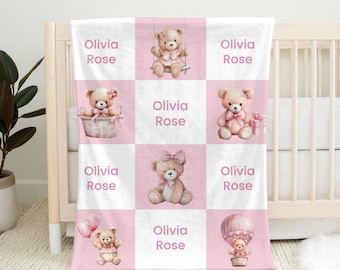 Couverture personnalisée ours en peluche, couverture prénom fille, couverture pour petite fille, décoration ours chambre de bébé, cadeau personnalisé pour bébé, literie pour lit de bébé nouveau-né