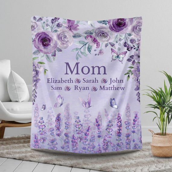 Custom Mom Blanket with Kids Names, Personalized Blankets for Mom, Lavender Purple Gift for Mom from Kids, Floral Throw