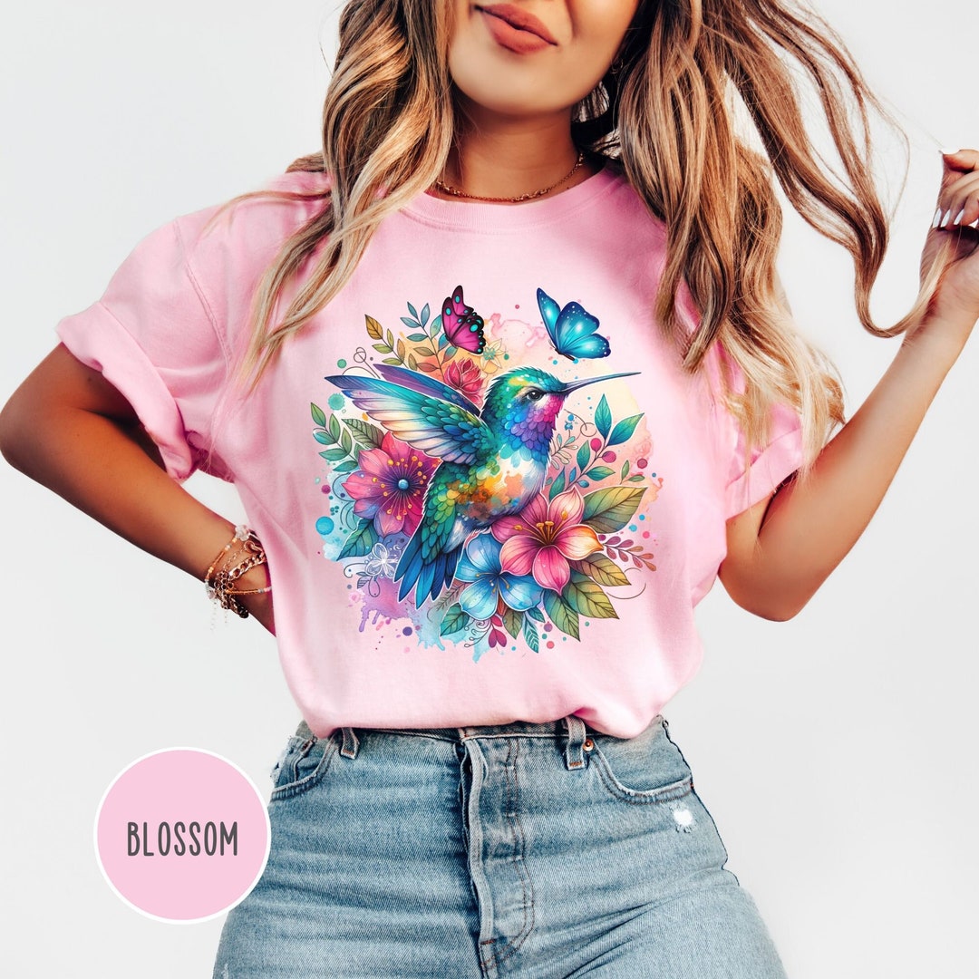 Hummingbird Butterfly Shirt Watercolor Flower Nature T Shirt Floral ...
