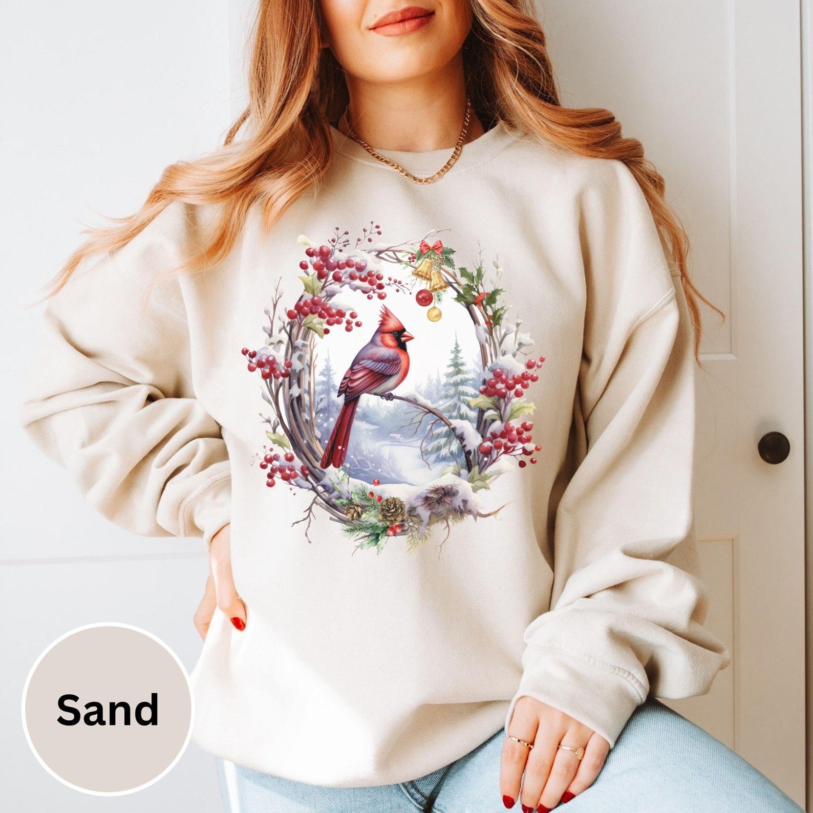 BEIGE CHRISTMAS CARDINALS UNDER MISTLETOE SWEATSHIRT main image 1