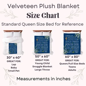 May include: A size chart for a Velveteen Plush Blanket with three different sizes: 30" x 40", 50" x 60", and 60" x 80". Each size is shown with a suggested use, such as a lap blanket, snuggle blanket, or queen/full size bed.