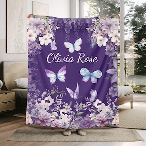 Personalized Purple Floral Blanket: Girl's Butterfly Throw
