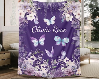 Couverture à fleurs violette personnalisée : jeté de papillon fille