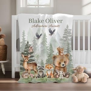 Woodland Baby Blanket Personalized Newborn Blanket Adventure Awaits Forest Animal Nursery Custom Gift for Baby Shower Gift for Infant Kids