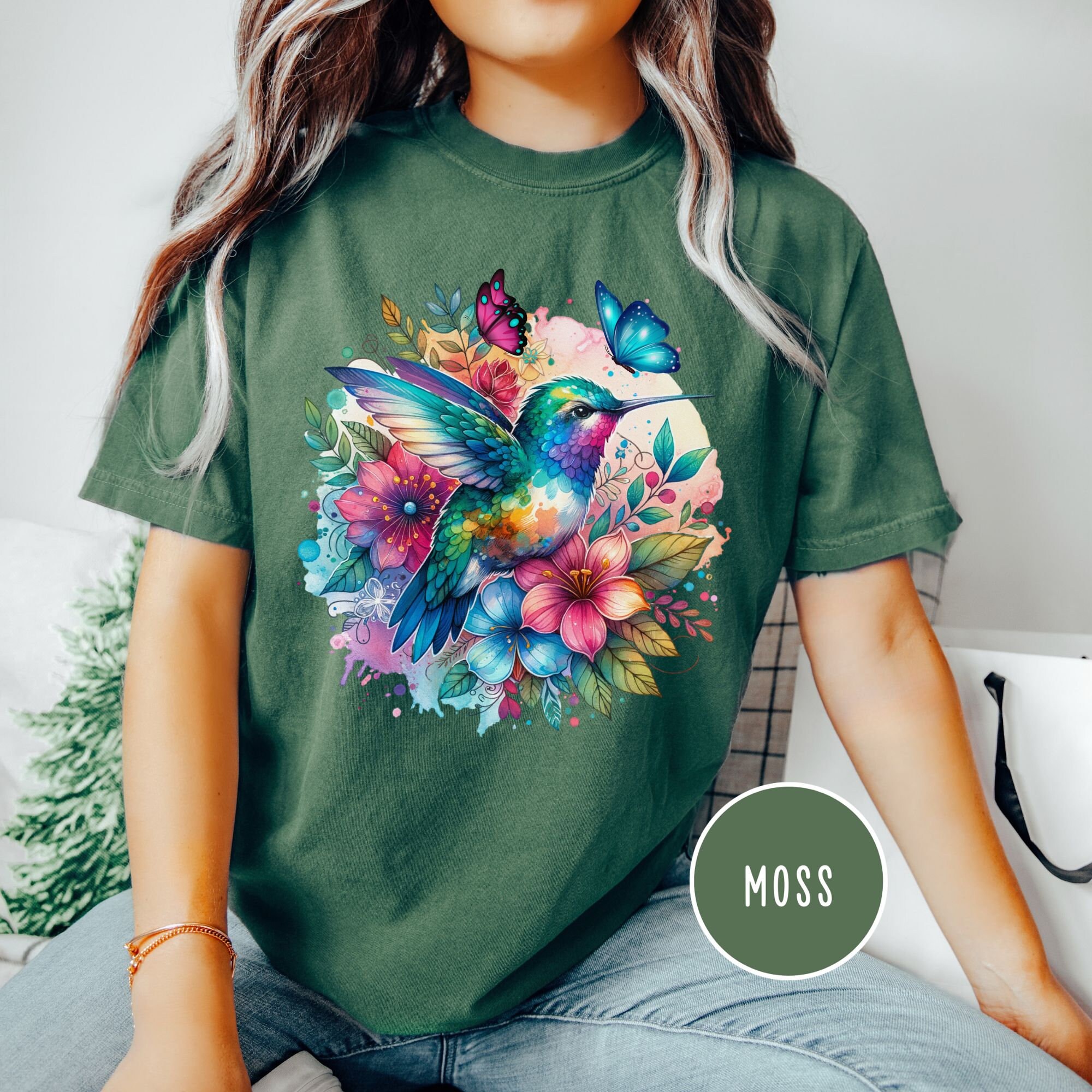 Hummingbird Butterfly Shirt Watercolor Flower Nature T Shirt Floral ...