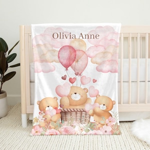 Bear Baby Blanket Personalized Newborn Gift for Toddler Girl Blanket Custom Name Gift for New Mom To Be, Teddy Bear Baby Shower Gift Ideas