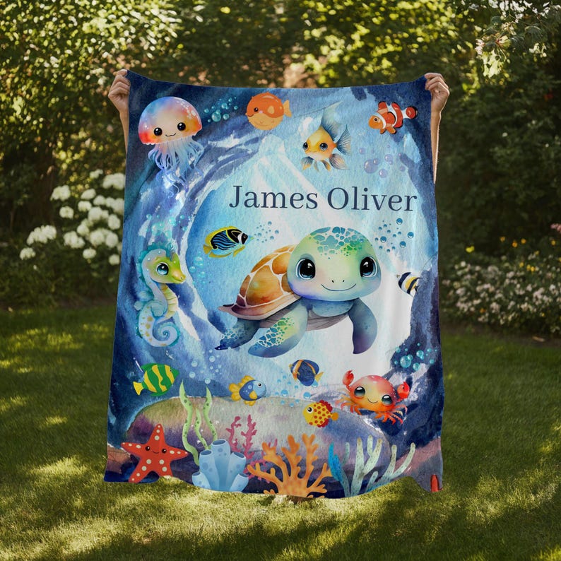 Personalized Sea Turtle Baby Blanket: Under the Sea Boy Nursery Decor ...
