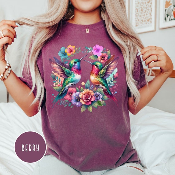Hummingbird Shirt Floral Nature Tee Humming Bird Watercolor Shirt Hummingbird Gift Colorful Graphic Tee Cottagecore Shirt Present for Her