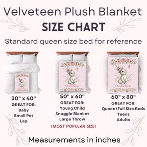 Peut inclure: Tableau des tailles pour une couverture en velours Velveteen, avec trois dimensions : 76 cm x 102 cm, 127 cm x 152 cm et 152 cm x 203 cm. Chaque couverture pr&eacute;sente une illustration de lapin avec des motifs floraux.