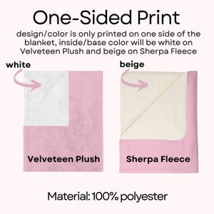 May include: Pink blankets with white and beige interiors are shown. The text reads "One-Sided Print" and "Material: 100% polyester." The blanket on the left is Velveteen Plush with a white interior. The blanket on the right is Sherpa Fleece with a beige interior.