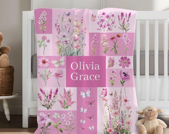 Couverture personnalisée fleurs sauvages roses pour bébé : literie pour chambre de bébé en velours doux