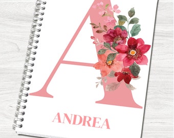 Personalised Name and Initial A5 Notebook, Pink Floral Alphabet Notebook, Personalised Gift