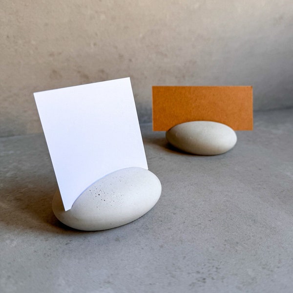 Concrete Pebble Card Holder, Oval Cement Number Holder, Picture Display, Industrial Office Decor, Table Place Card, Office Gift, Photo Stand