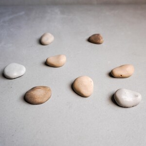 K&ouml;nnte beinhalten: Eine Auswahl glatter, abgerundeter Steine in verschiedenen Beige-, Braun- und Wei&szlig;t&ouml;nen. Die Steine sind auf einer grauen Oberfl&auml;che verstreut und zeigen ihre nat&uuml;rlichen Texturen und Formen. Die Anordnung deutet auf ein nat&uuml;rliches, erdiges Thema hin.
