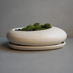 Op de afbeelding: Een crèmekleurige, ovaalvormige plantenbak met een bijpassende schotel. De plantenbak bevat groen mos en kleine zwarte steentjes. Het ontwerp is minimalistisch en modern, geschikt voor kamerplanten.
