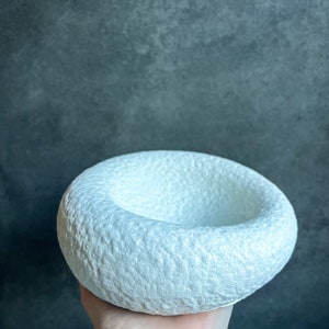 May include: A white ceramic planter with a textured surface. The planter is shaped like a ring and has a wide, shallow opening.