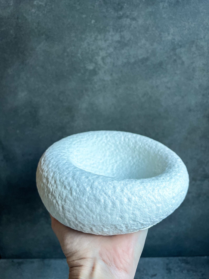 May include: A white ceramic planter with a textured surface. The planter is shaped like a ring and has a wide, shallow opening.