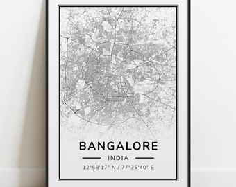 Impresión de mapas de la ciudad de Bangalore, cartel del mapa de calles, decoración del hogar, arte de la pared, ideas de regalos