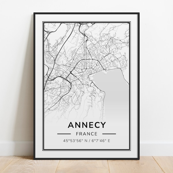 Impression de plan de la ville d'Annecy, affiche de plan de rue, décoration d'intérieur, art mural, idées cadeaux