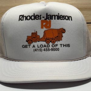 Vintage Trucker Mesh HAT &quot; Rhodes-Jamieson Get a Load of This&quot; & adjustable SnapBack White By K-Studios Made In China