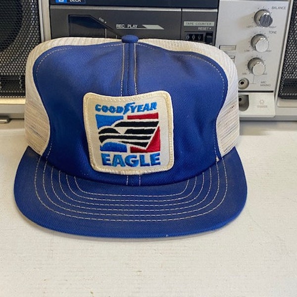 Vintage Goodyear Eagle Tire Trucker Hat Mesh Hat adjustable Snap Back Cap Patch Logo Blue Made in USA by Swingster