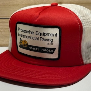 Vintage Trucker Mesh Hat &quot;Prosperine Equipment Interprovincial Paving&quot; & adjustable SnapBack Red/White swen Patch Logo Made in Korea -Canada